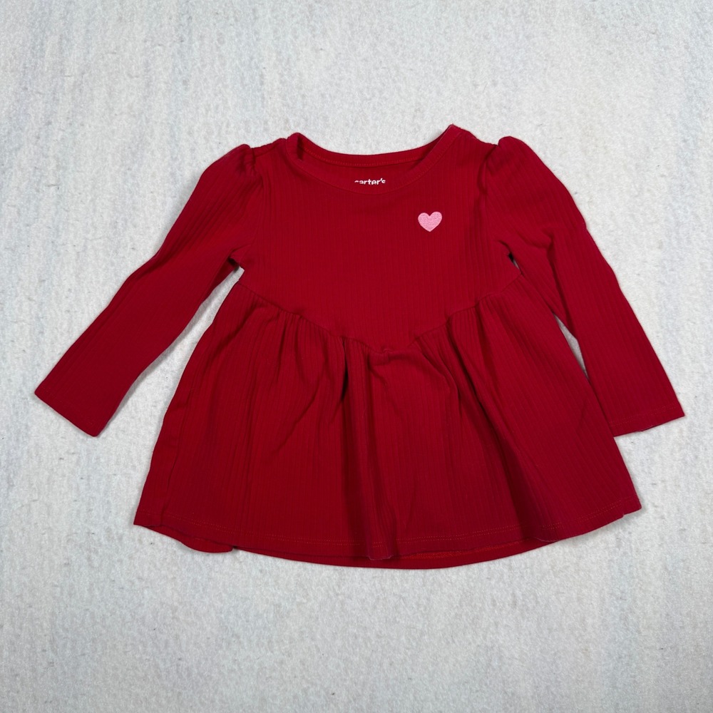 Carters Child of Mine Girls Red Ribbed Long Sleeve Heart Tunic Top 18M